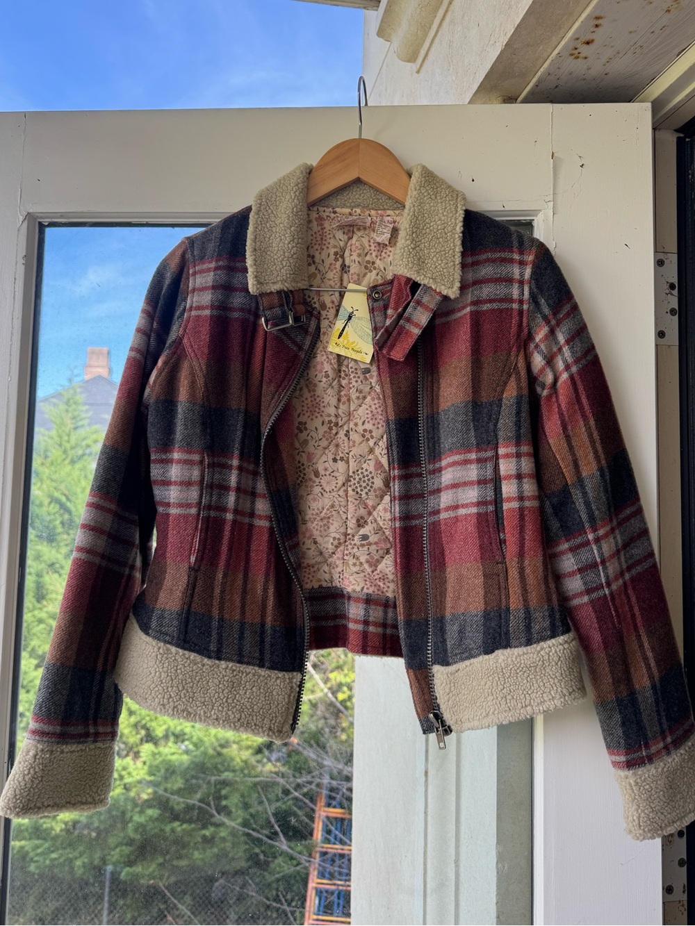 Free People Vintage Plaid Wool Blend Sherpa Moto Jacket XS